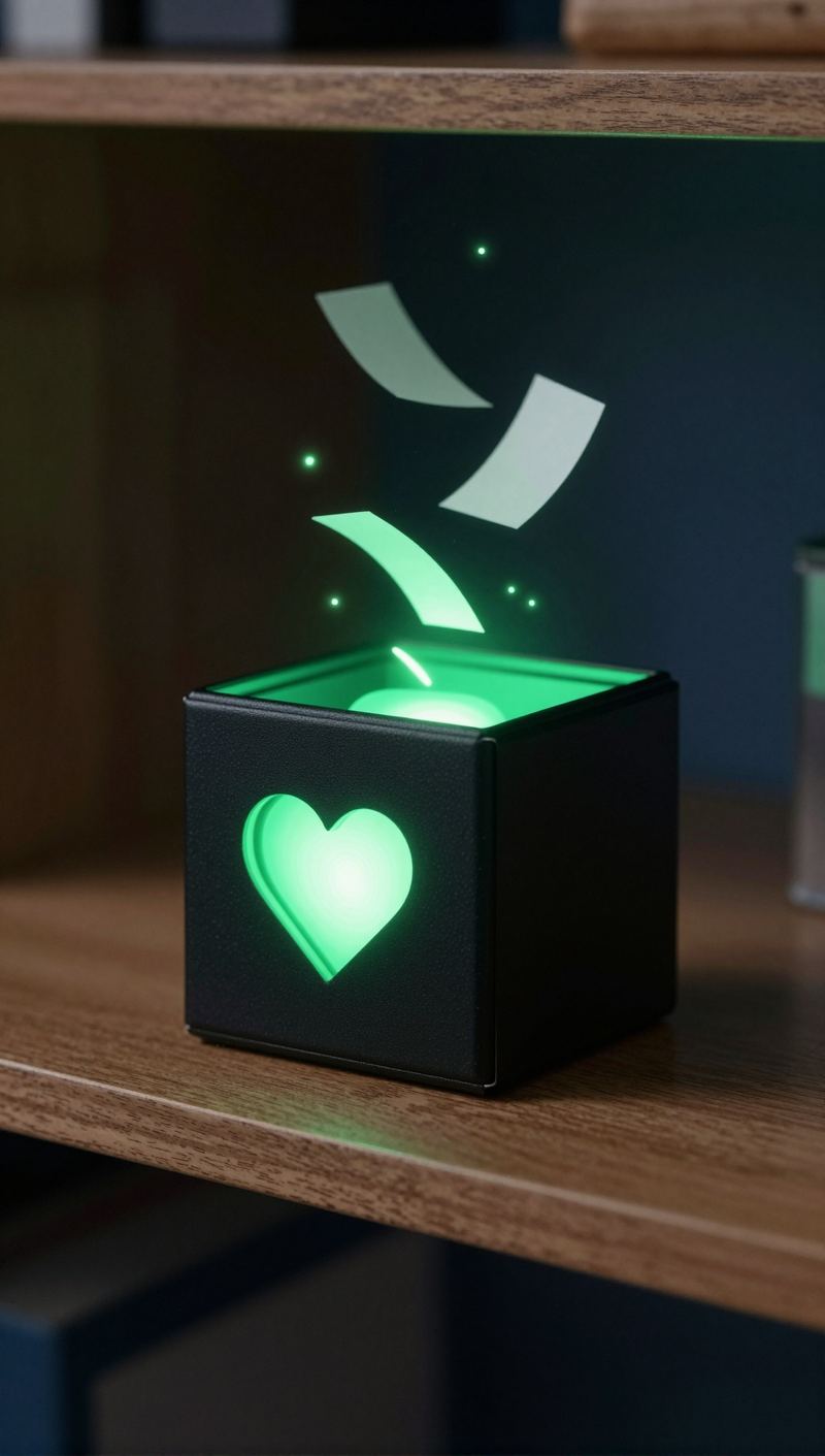 Une petite boîte noire au cœur vert lumineux, posée sur une étagère : l’IA de l’entreprise